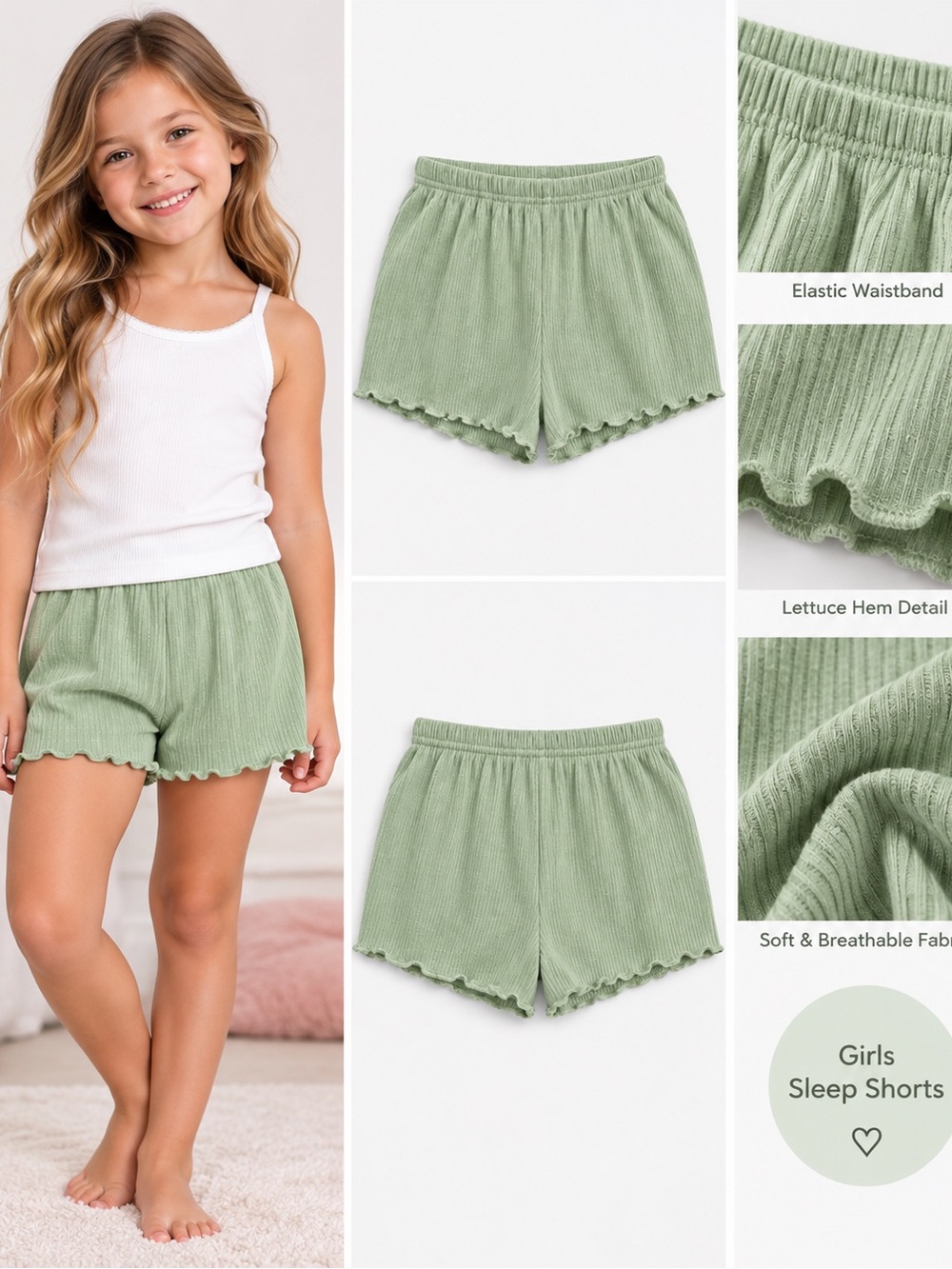 art class Sage Green Ribbed Girls Sleep Shorts